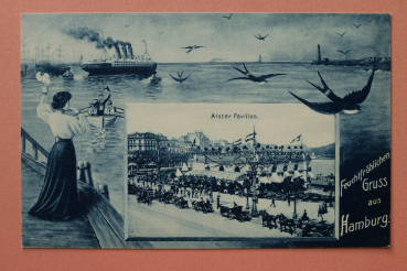 Ansichtskarte AK Feuchtfröhlichen Gruß aus Hamburg 1904-1910 Alter Pavillon Restaurant Kutschen Schiff Dampfer Architektur Ortsansicht